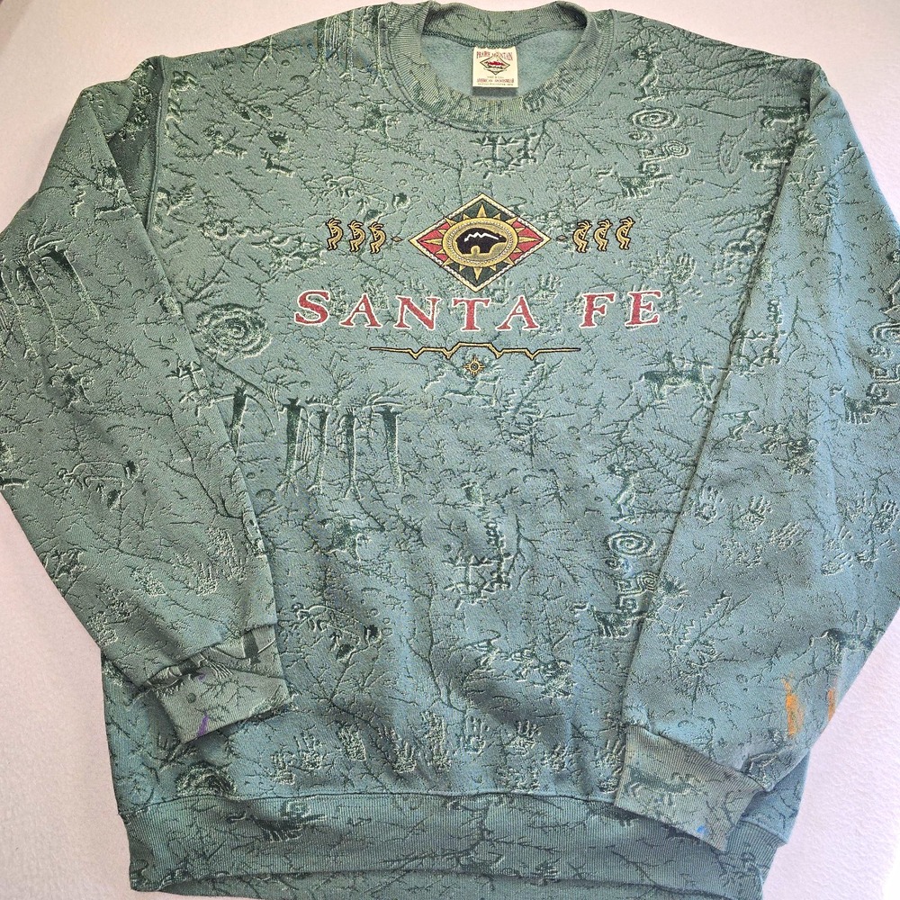 VTG 90s Santa Fe Sweatshirt XL Western Cowpoke Distressed Earthy Embossed Crew..